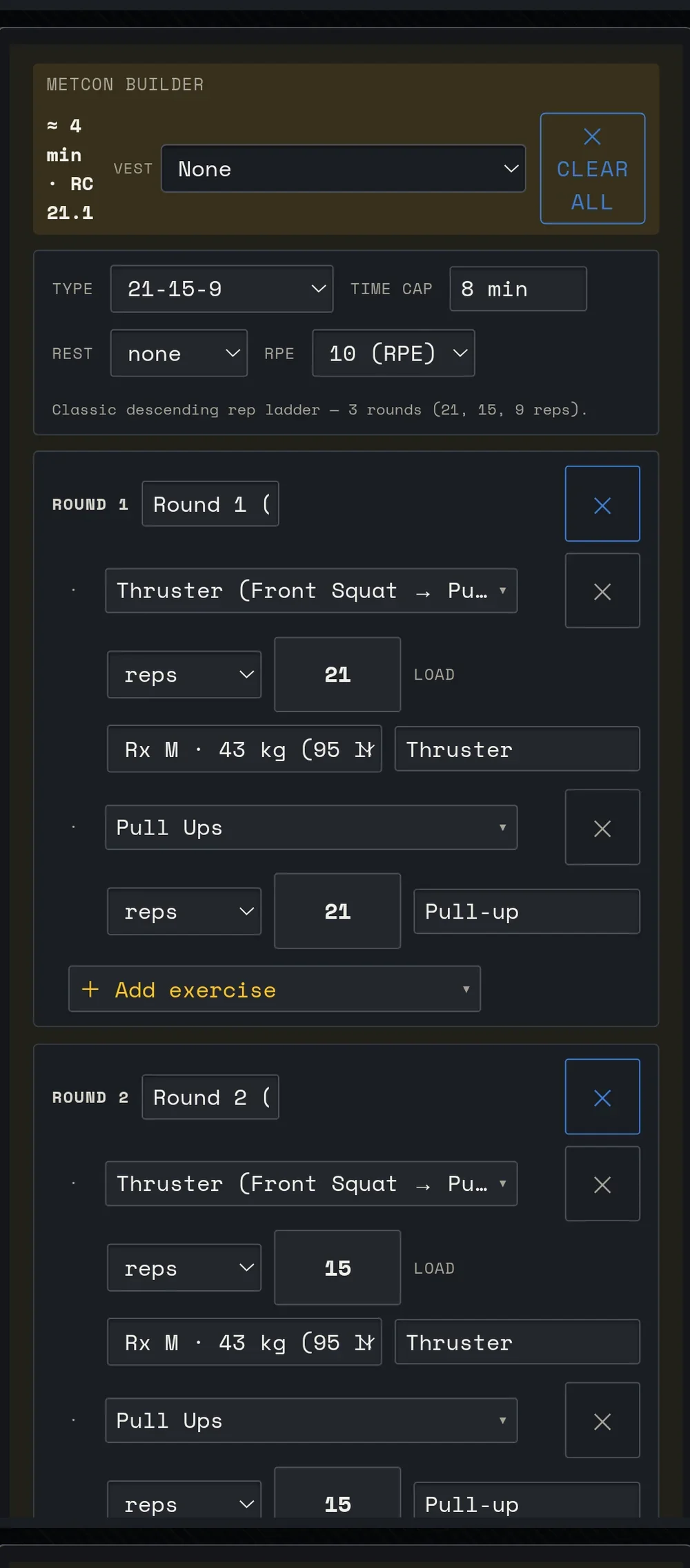 The metcon builder rebuilding a benchmark workout round by round